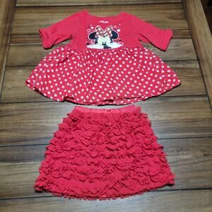 2Pc Red Toddler Outfit: Disney LS Minnie Top, Old Navy Ruffle Skirt -Size 3T, 2T